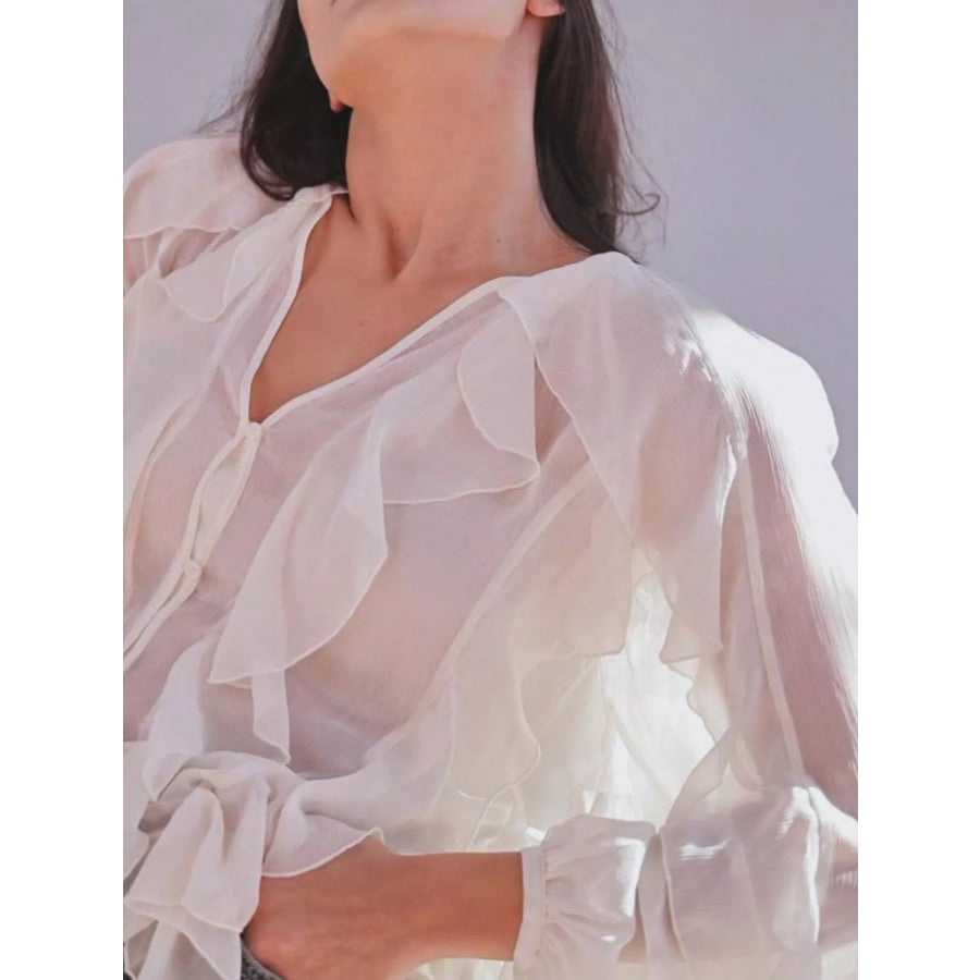 Ruffled Sheer Long Sleeve Blouse Apparel and Accessories