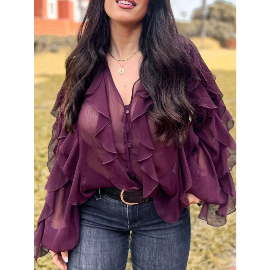 Ruffled Sheer Long Sleeve Blouse Apparel and Accessories