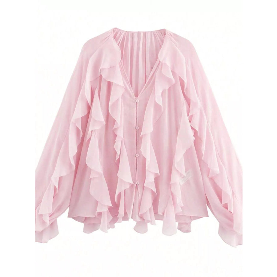 Ruffled Sheer Long Sleeve Blouse Apparel and Accessories