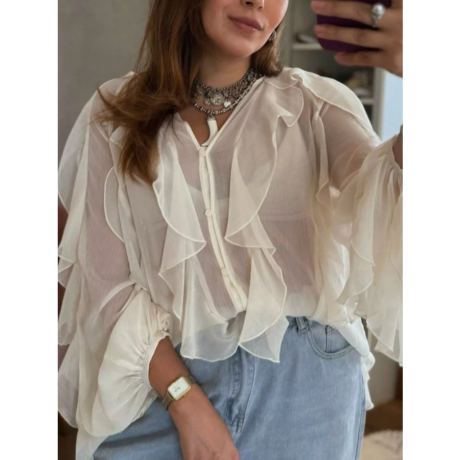 Ruffled Sheer Long Sleeve Blouse Beige / XS Apparel and Accessories