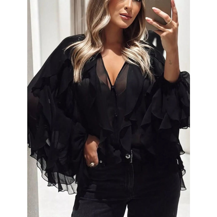 Ruffled Sheer Long Sleeve Blouse Black / XS Apparel and Accessories