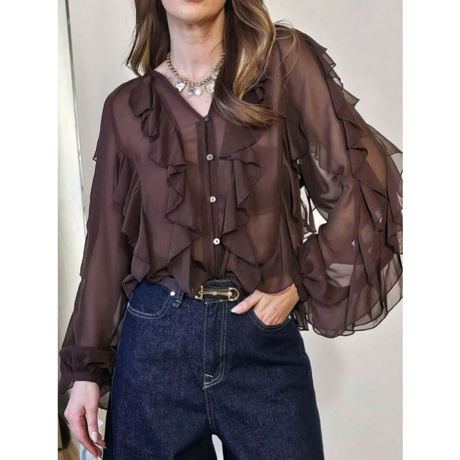 Ruffled Sheer Long Sleeve Blouse Brown / XS Apparel and Accessories