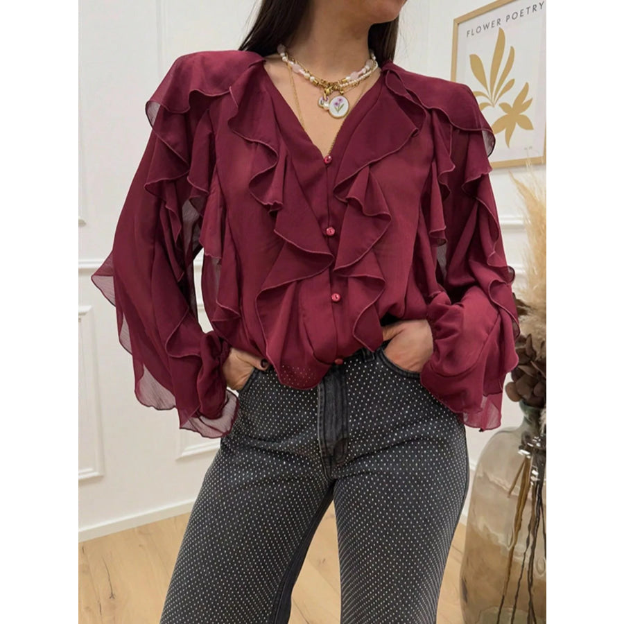 Ruffled Sheer Long Sleeve Blouse Burgundy / XS Apparel and Accessories