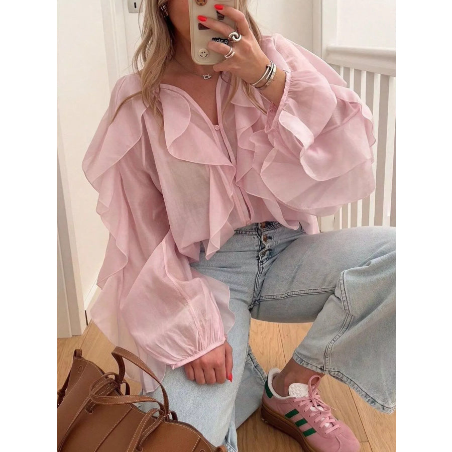 Ruffled Sheer Long Sleeve Blouse Pink / XS Apparel and Accessories
