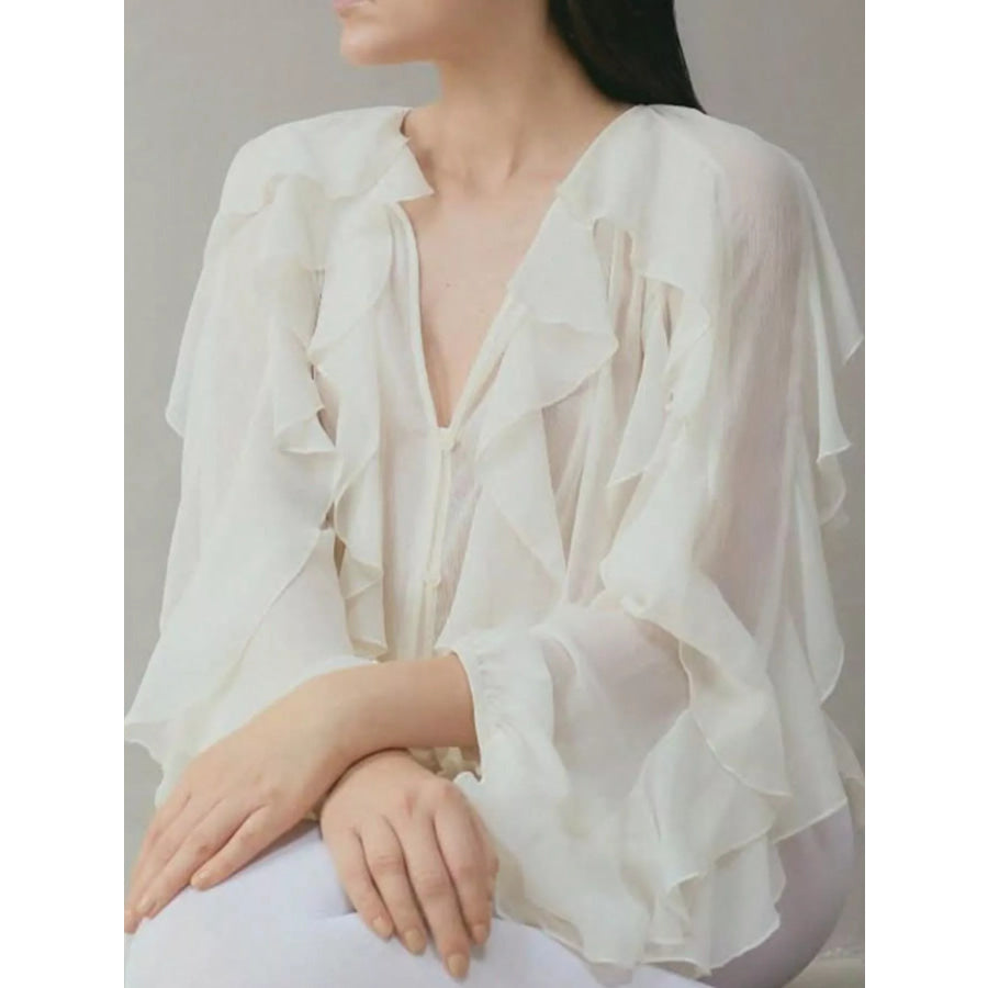 Ruffled Sheer Long Sleeve Blouse White / XS Apparel and Accessories