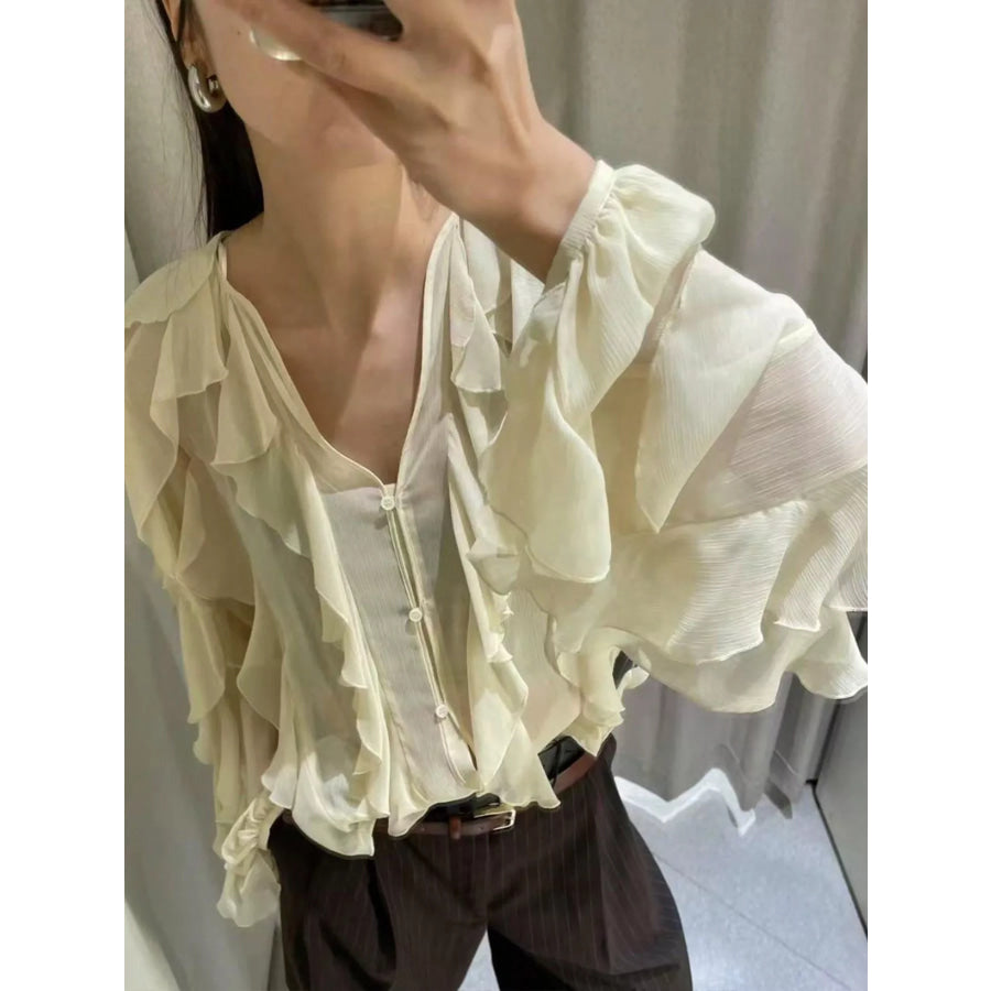 Ruffled Sheer Long Sleeve Blouse Yellow / XS Apparel and Accessories