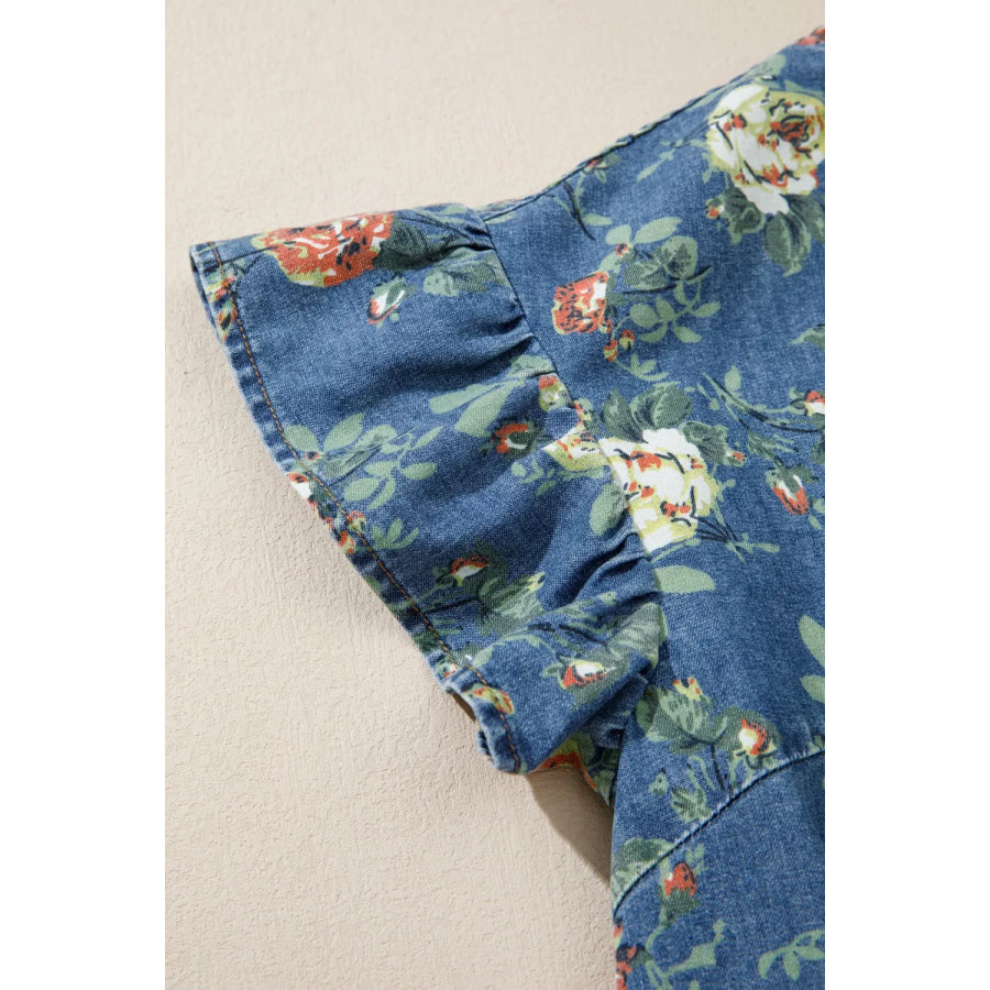 Ruffled Short Sleeve Floral Denim Top Apparel and Accessories