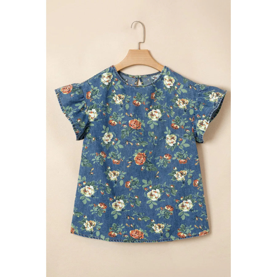 Ruffled Short Sleeve Floral Denim Top Apparel and Accessories