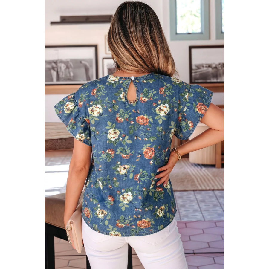 Ruffled Short Sleeve Floral Denim Top Apparel and Accessories