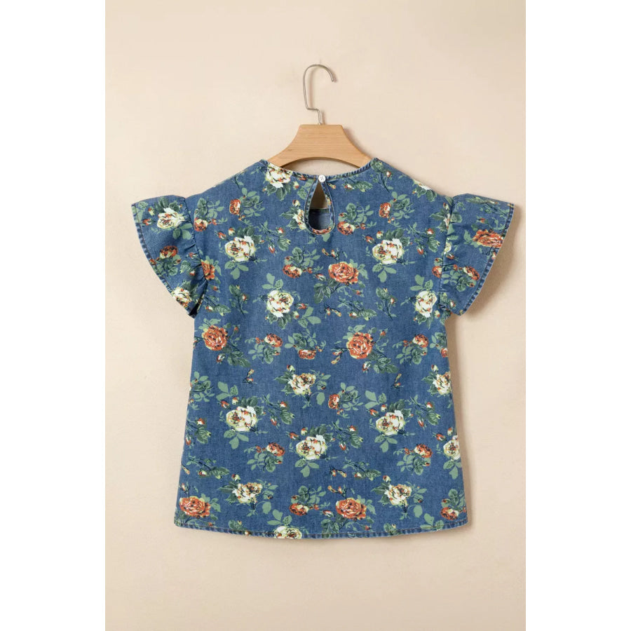 Ruffled Short Sleeve Floral Denim Top Apparel and Accessories