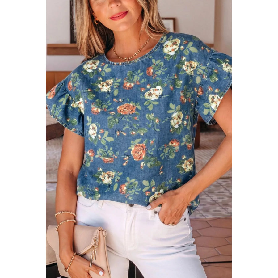 Ruffled Short Sleeve Floral Denim Top Medium / S Apparel and Accessories