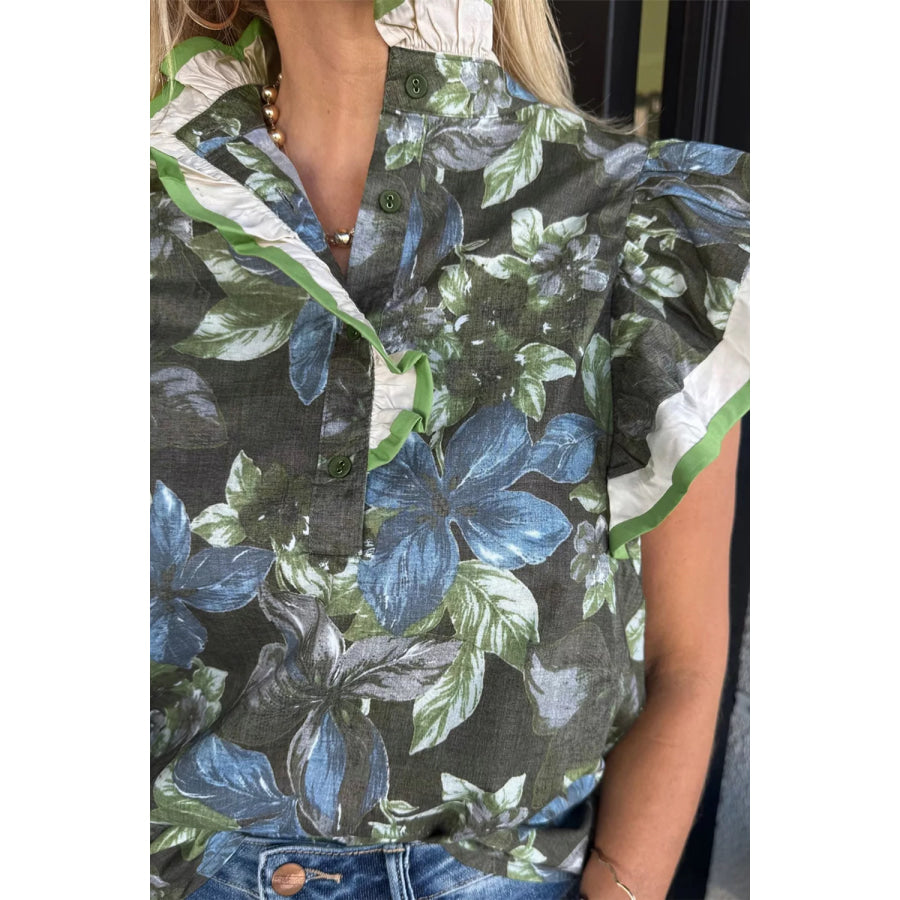 Ruffled Short Sleeve Floral Summer Blouse Apparel and Accessories