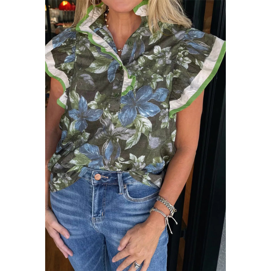 Ruffled Short Sleeve Floral Summer Blouse Apparel and Accessories