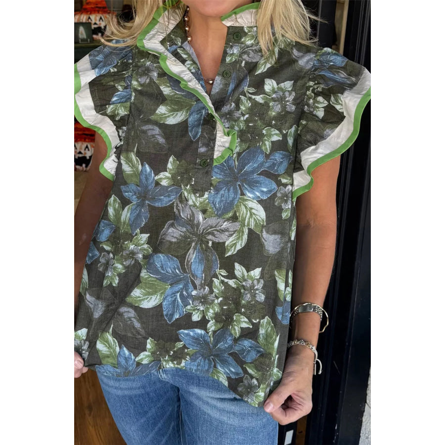 Ruffled Short Sleeve Floral Summer Blouse Sage / S Apparel and Accessories