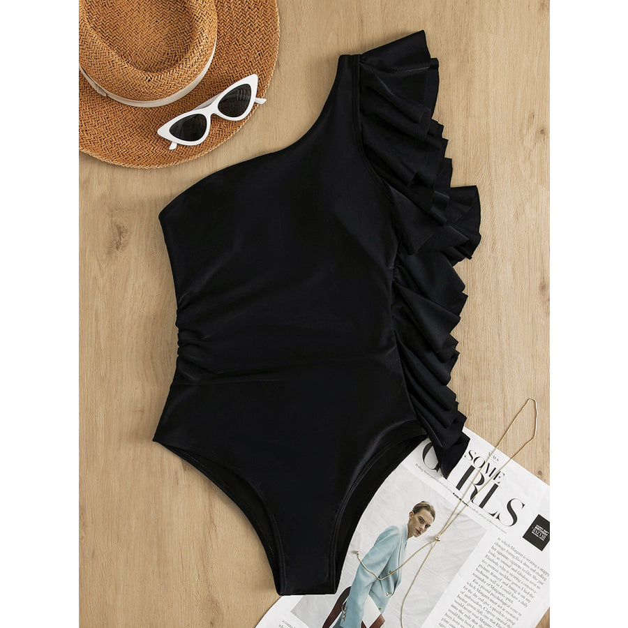 Ruffled Single Shoulder One - Piece Swimwear Black / S Apparel and Accessories