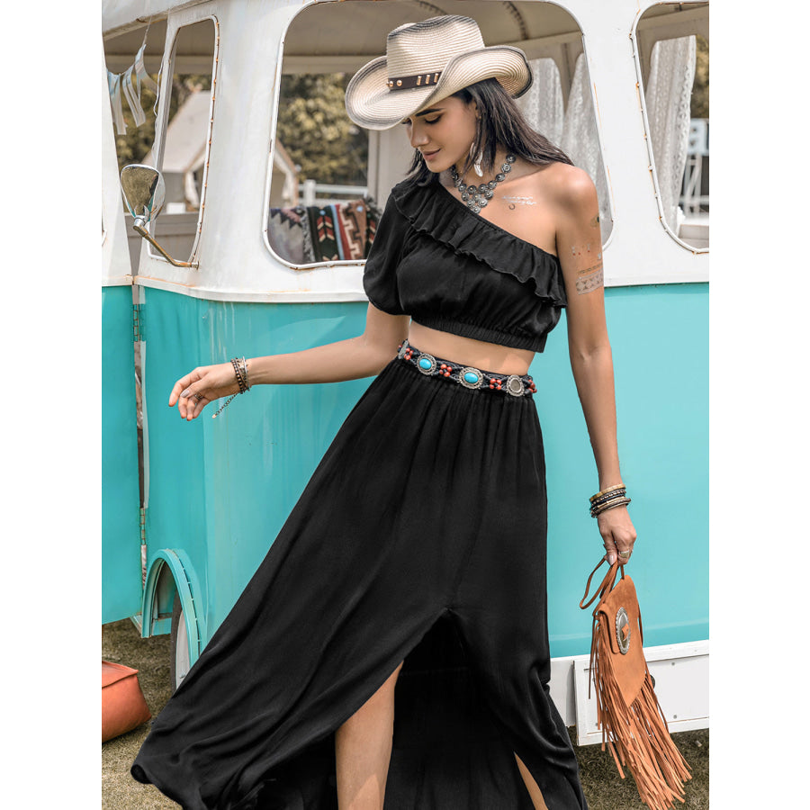 Ruffled Single Shoulder Top and Slit Skirt Set Apparel and Accessories