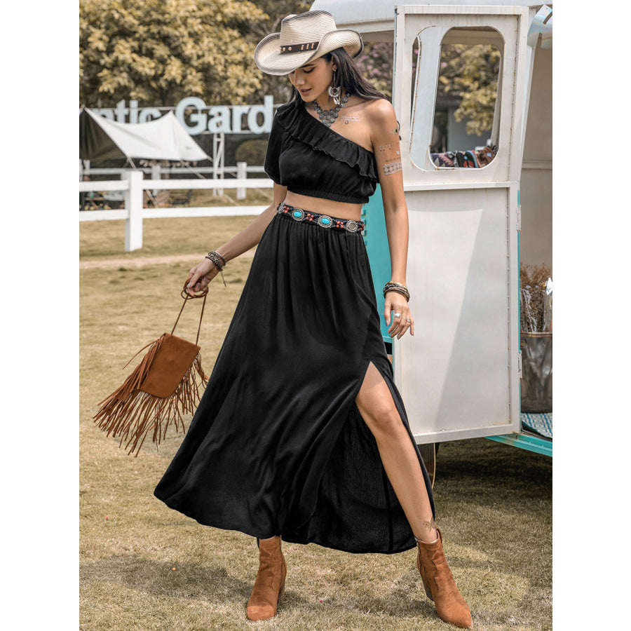 Ruffled Single Shoulder Top and Slit Skirt Set Black / S Apparel and Accessories