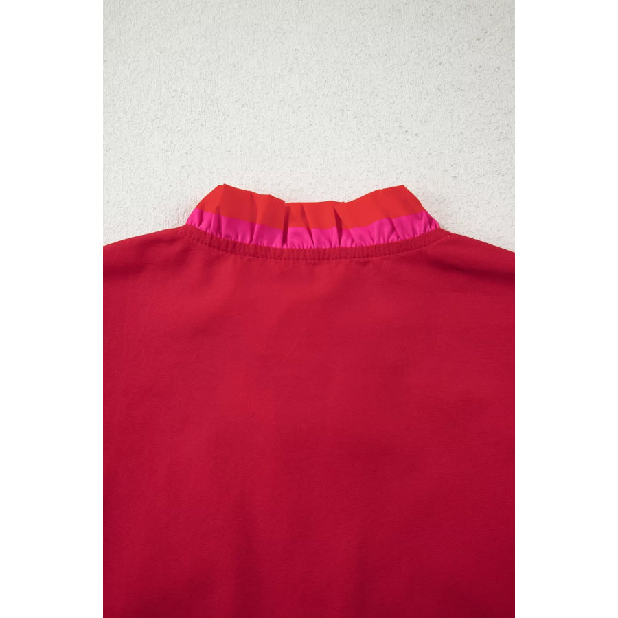 Ruffled Sleeve Notched Blouse with Striped Detail Apparel and Accessories