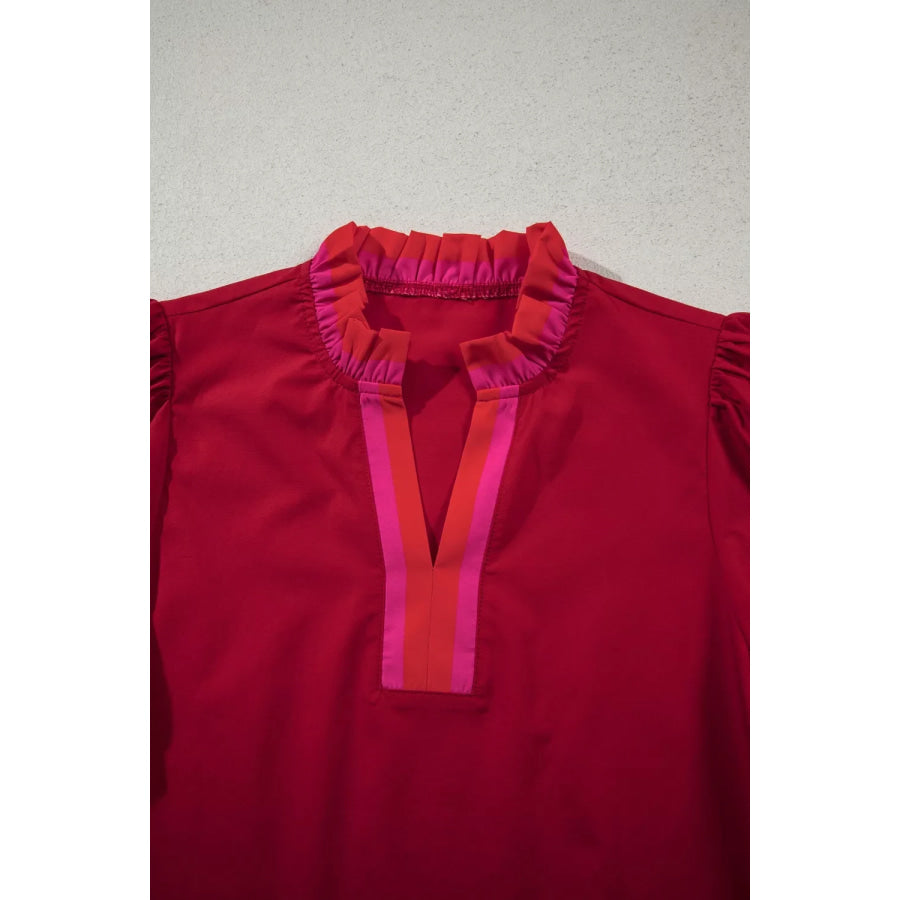 Ruffled Sleeve Notched Blouse with Striped Detail Apparel and Accessories
