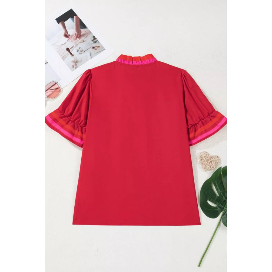 Ruffled Sleeve Notched Blouse with Striped Detail Apparel and Accessories
