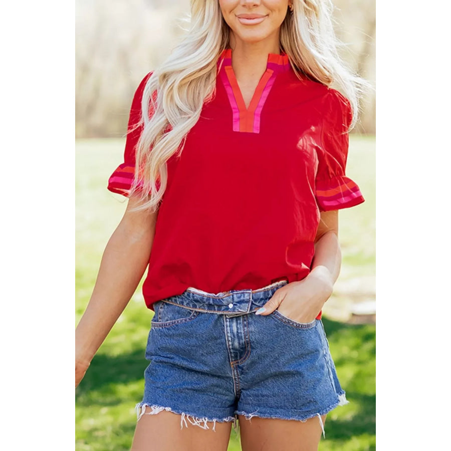 Ruffled Sleeve Notched Blouse with Striped Detail Apparel and Accessories