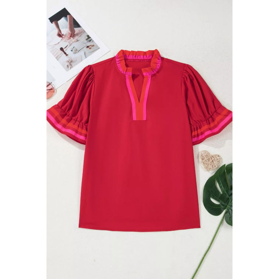 Ruffled Sleeve Notched Blouse with Striped Detail Apparel and Accessories