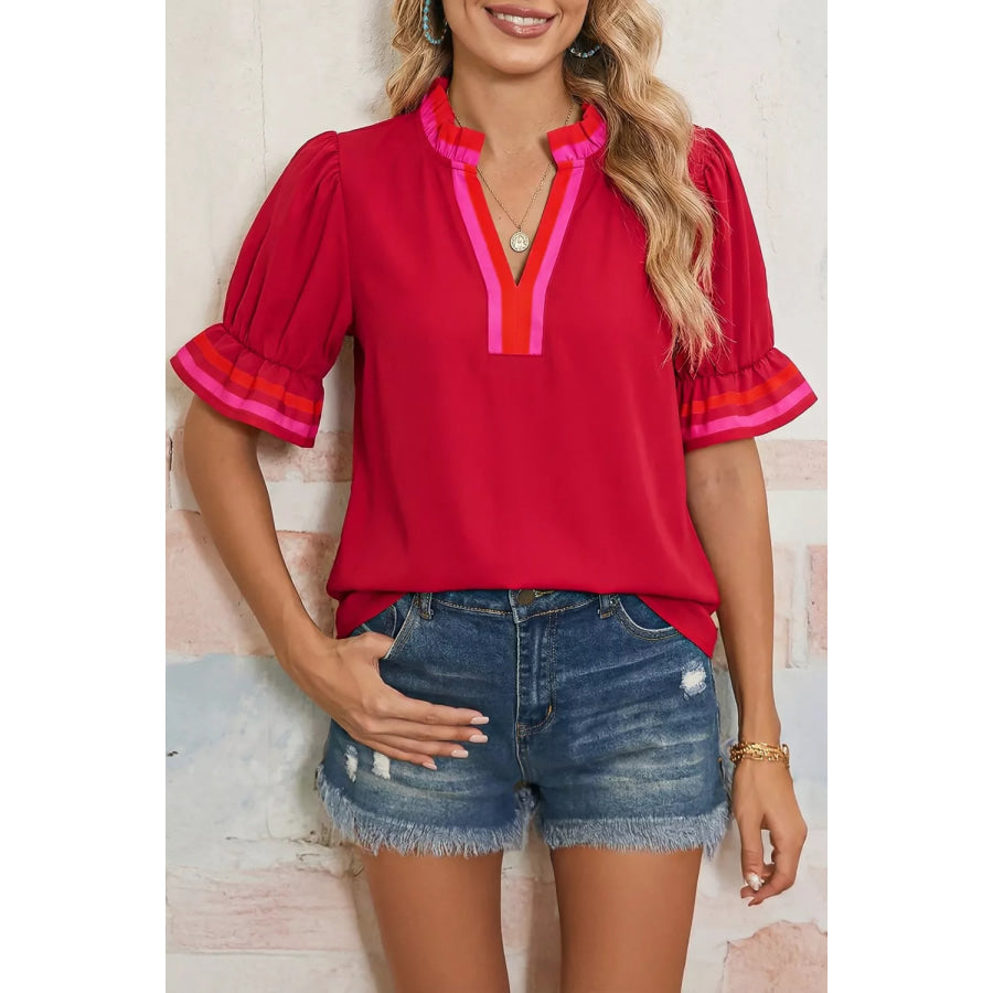 Ruffled Sleeve Notched Blouse with Striped Detail Scarlet / S Apparel and Accessories
