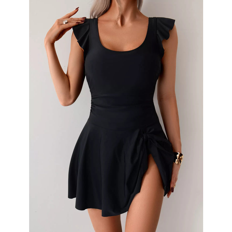 Ruffled Sleeve One-Piece Swim Dress Black / S Apparel and Accessories