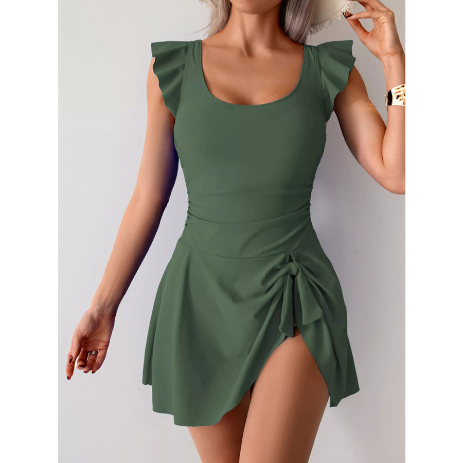 Ruffled Sleeve One-Piece Swim Dress Army Green / S Apparel and Accessories