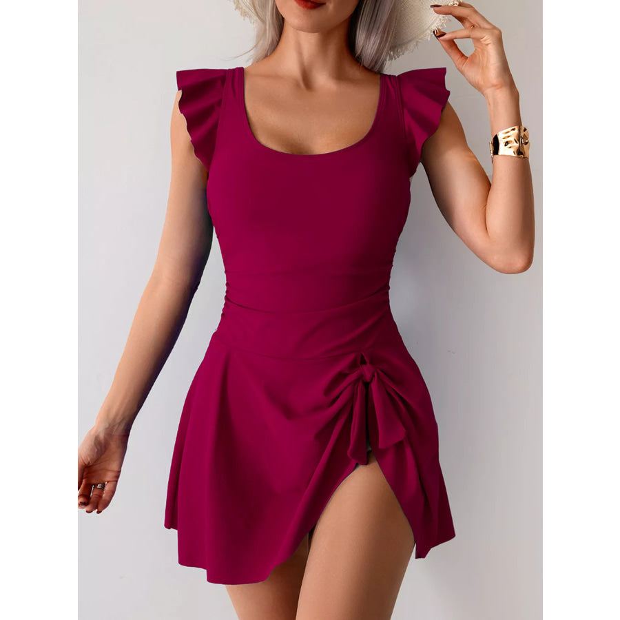 Ruffled Sleeve One-Piece Swim Dress Burgundy / S Apparel and Accessories