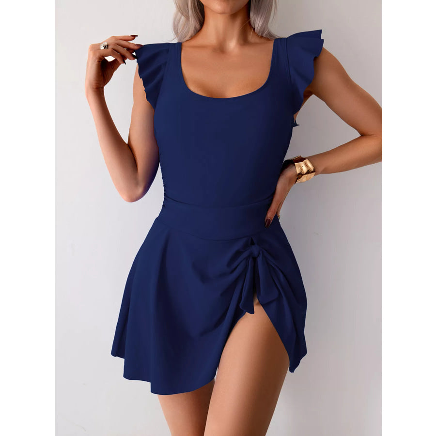 Ruffled Sleeve One-Piece Swim Dress Navy Blue / S Apparel and Accessories