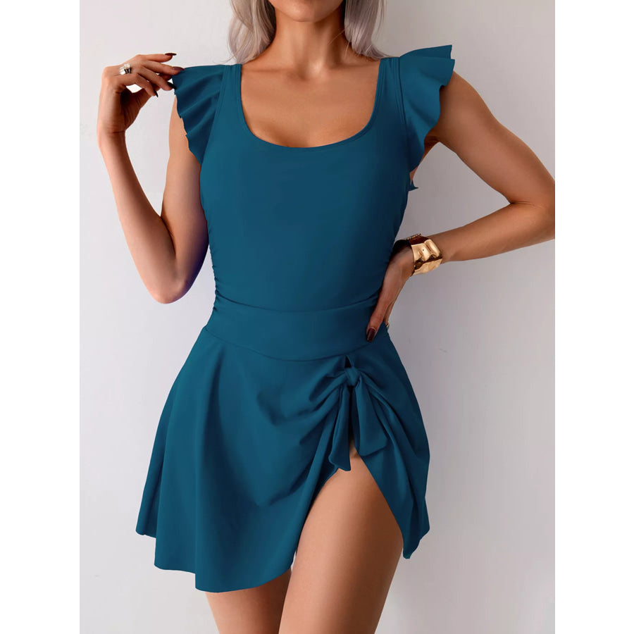 Ruffled Sleeve One-Piece Swim Dress Peacock Blue / S Apparel and Accessories
