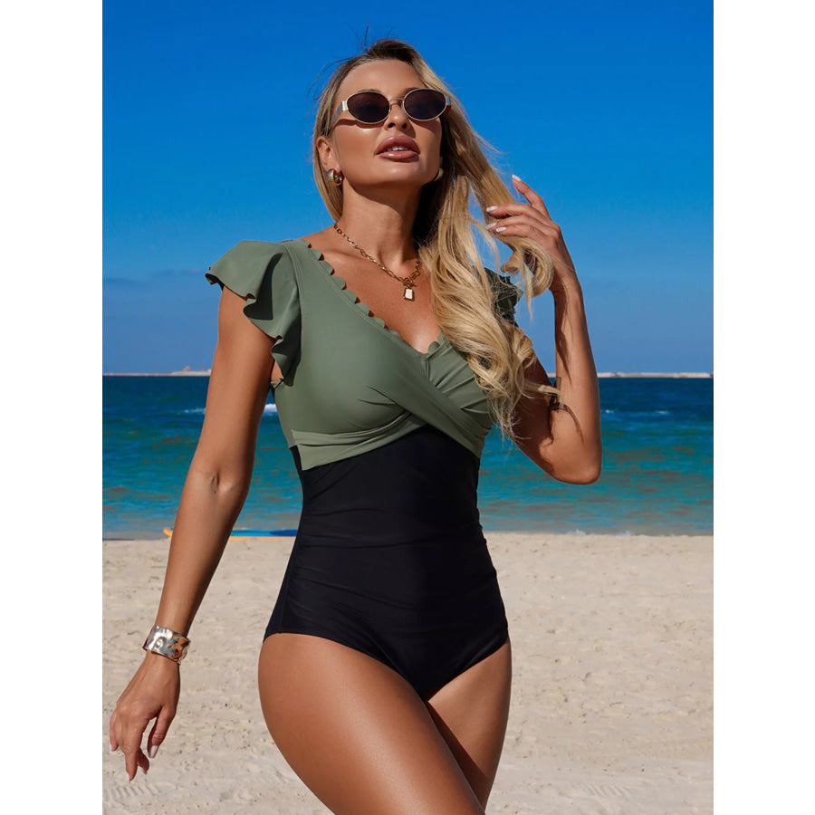 Ruffled Sleeve One-Piece Swimsuit Black + Army Green / S Apparel and Accessories