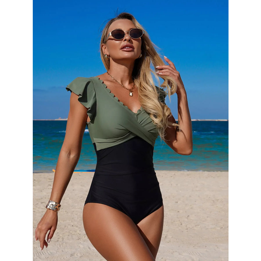 Ruffled Sleeve Ruched One-Piece Swimsuit Apparel and Accessories