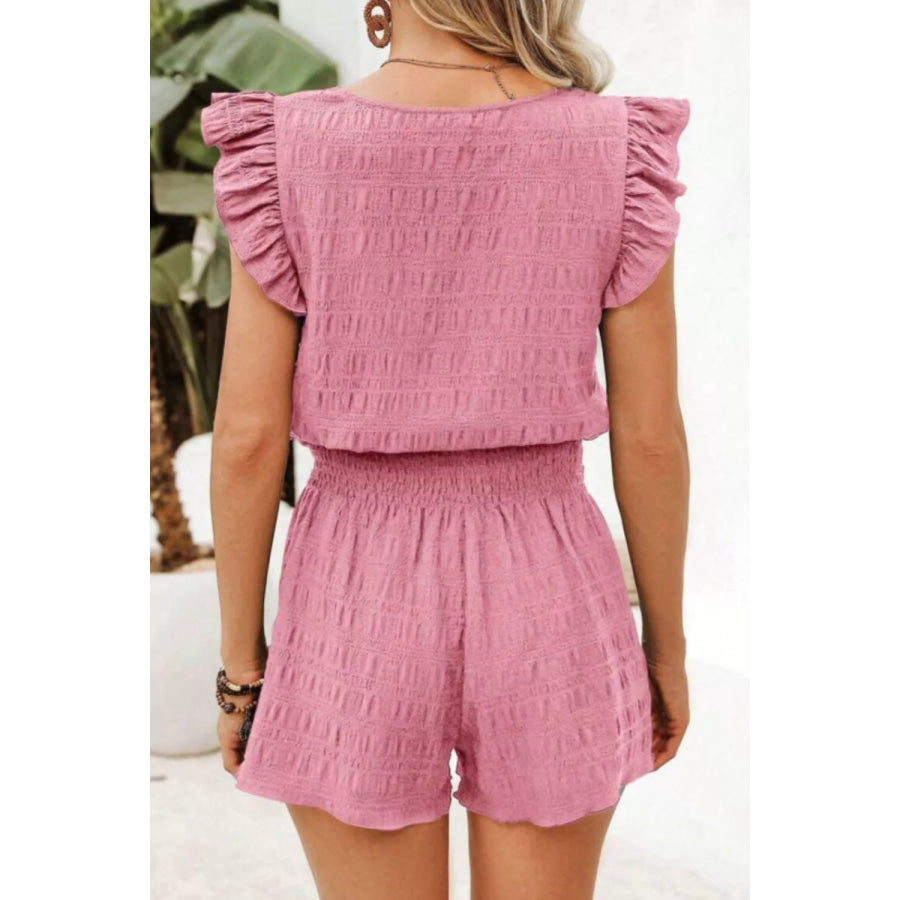 Ruffled Sleeve Textured Top and Shorts Two-Piece Set Apparel Accessories