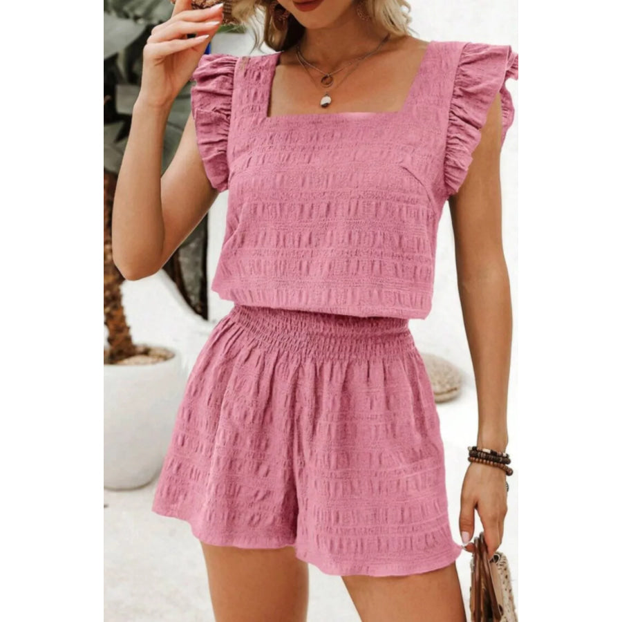 Ruffled Sleeve Textured Top and Shorts Two-Piece Set Dusty Pink / S Apparel Accessories