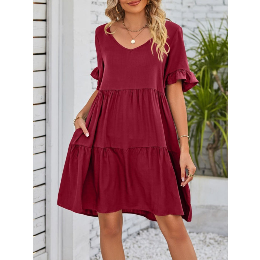 Ruffled Sleeve Tiered Mini Dress Apparel and Accessories