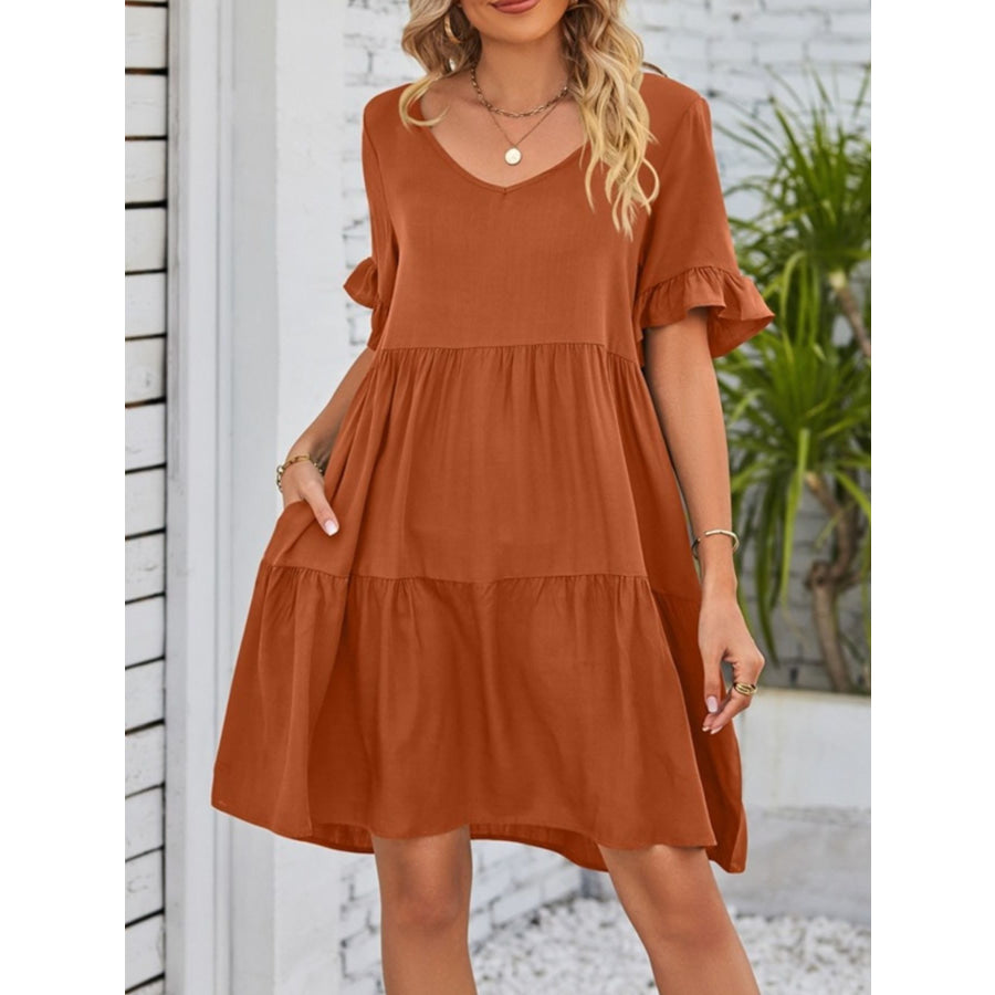 Ruffled Sleeve Tiered Mini Dress Apparel and Accessories