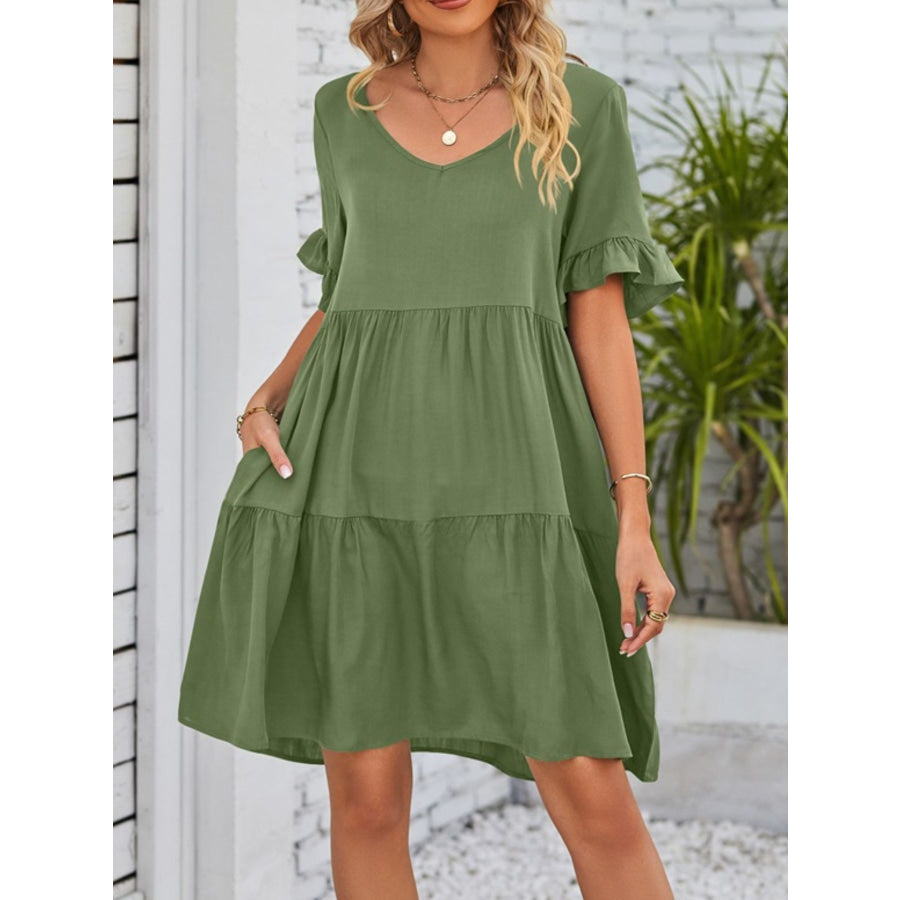 Ruffled Sleeve Tiered Mini Dress Apparel and Accessories