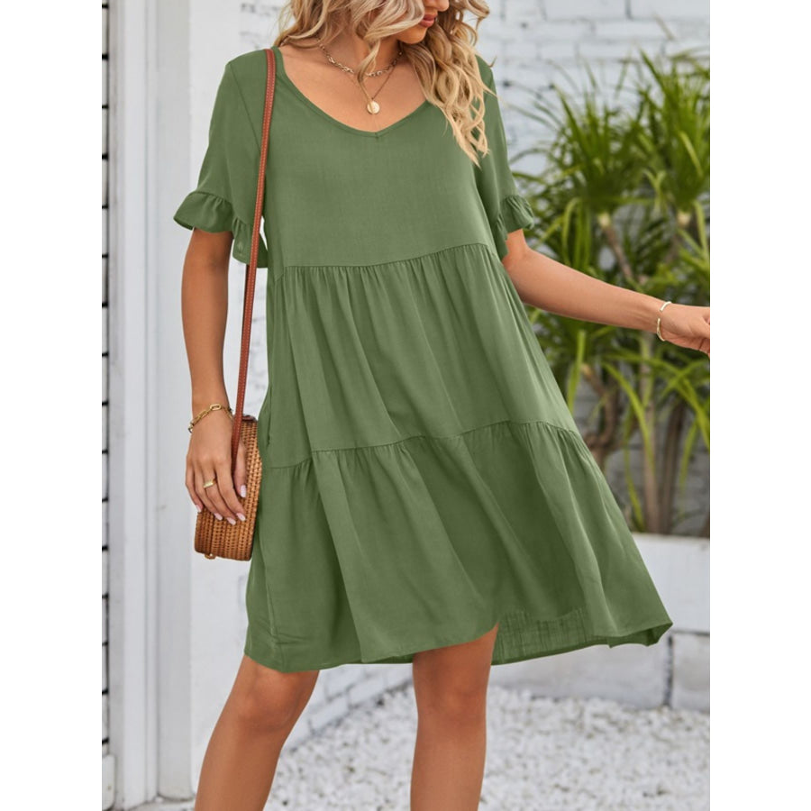 Ruffled Sleeve Tiered Mini Dress Apparel and Accessories