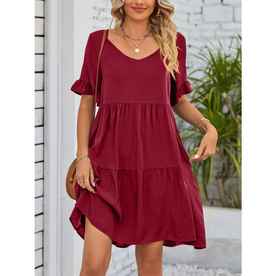 Ruffled Sleeve Tiered Mini Dress Apparel and Accessories