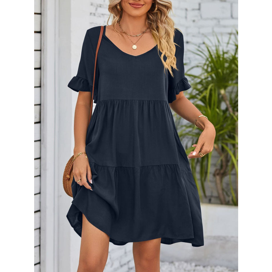 Ruffled Sleeve Tiered Mini Dress Apparel and Accessories