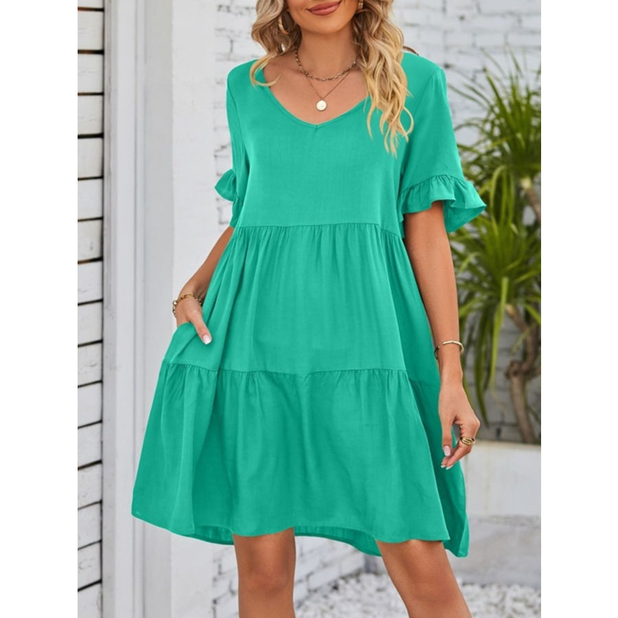 Ruffled Sleeve Tiered Mini Dress Apparel and Accessories