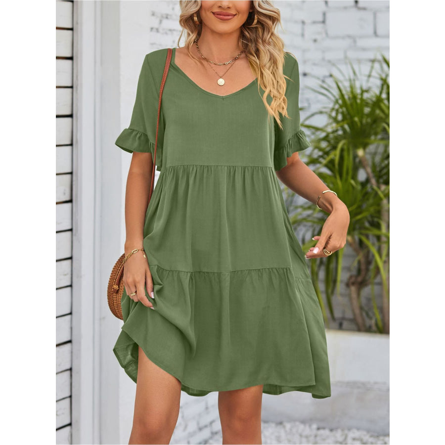 Ruffled Sleeve Tiered Mini Dress Army Green / S Apparel and Accessories