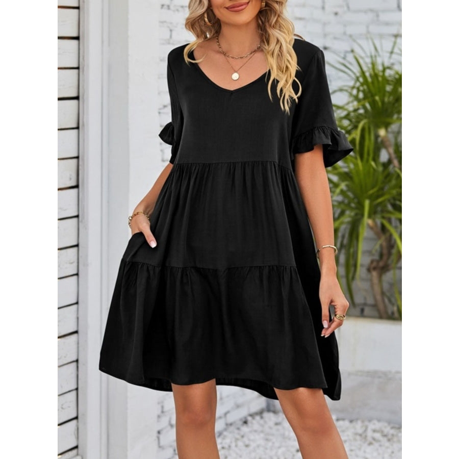 Ruffled Sleeve Tiered Mini Dress Black / S Apparel and Accessories
