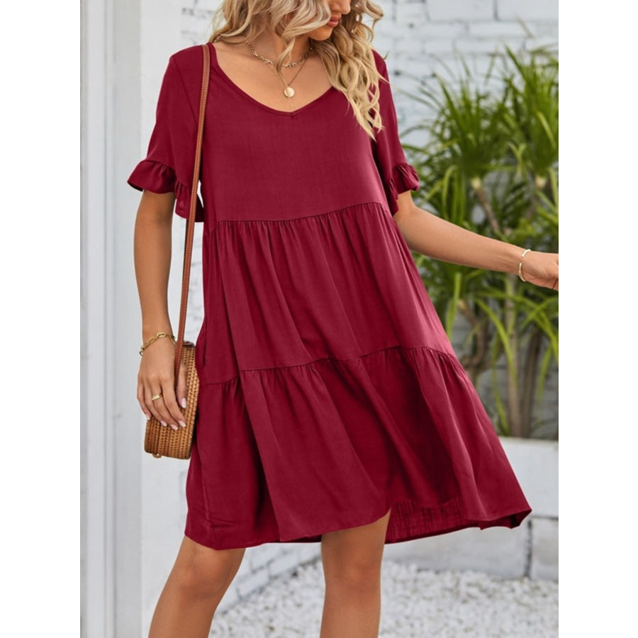 Ruffled Sleeve Tiered Mini Dress Burgundy / S Apparel and Accessories