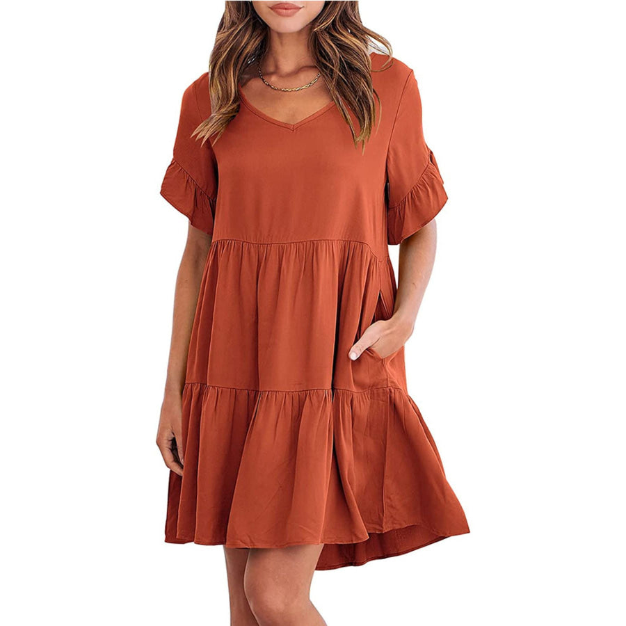 Ruffled Sleeve Tiered Mini Dress Caramel / S Apparel and Accessories