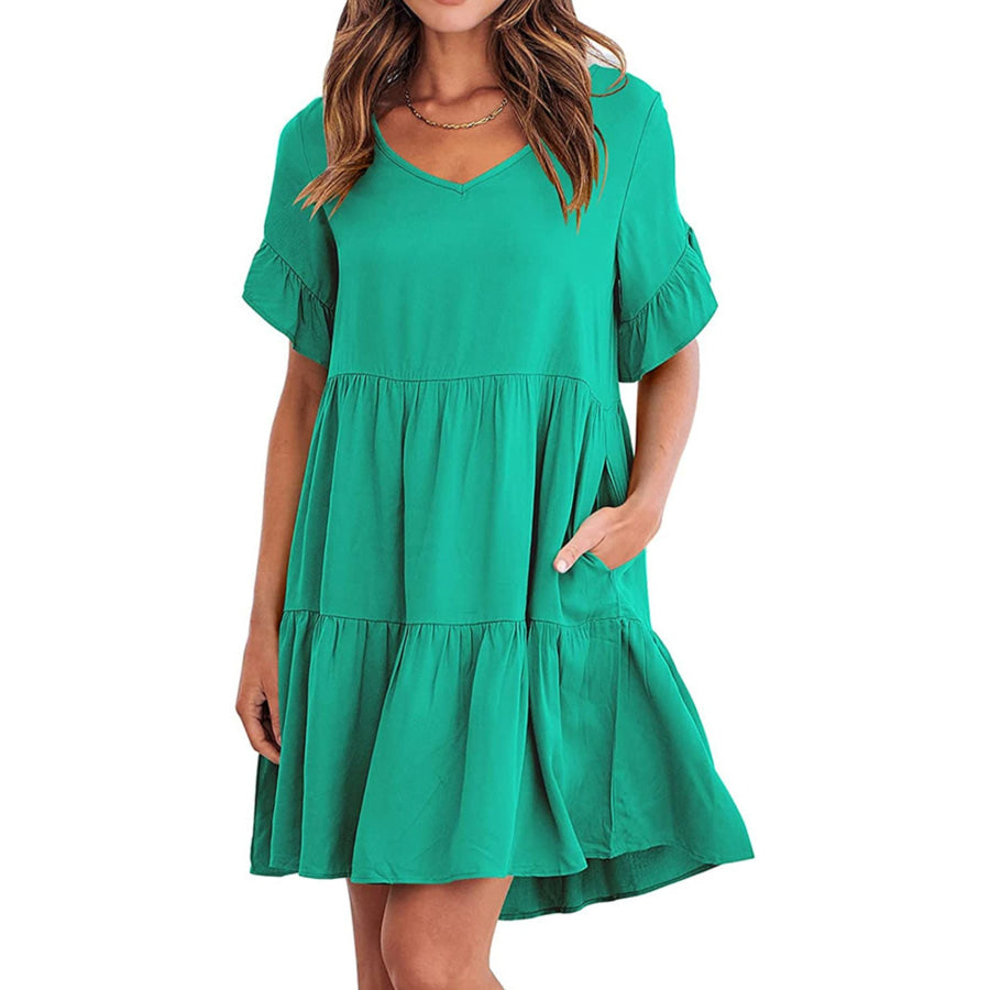 Ruffled Sleeve Tiered Mini Dress Emerald Green / S Apparel and Accessories