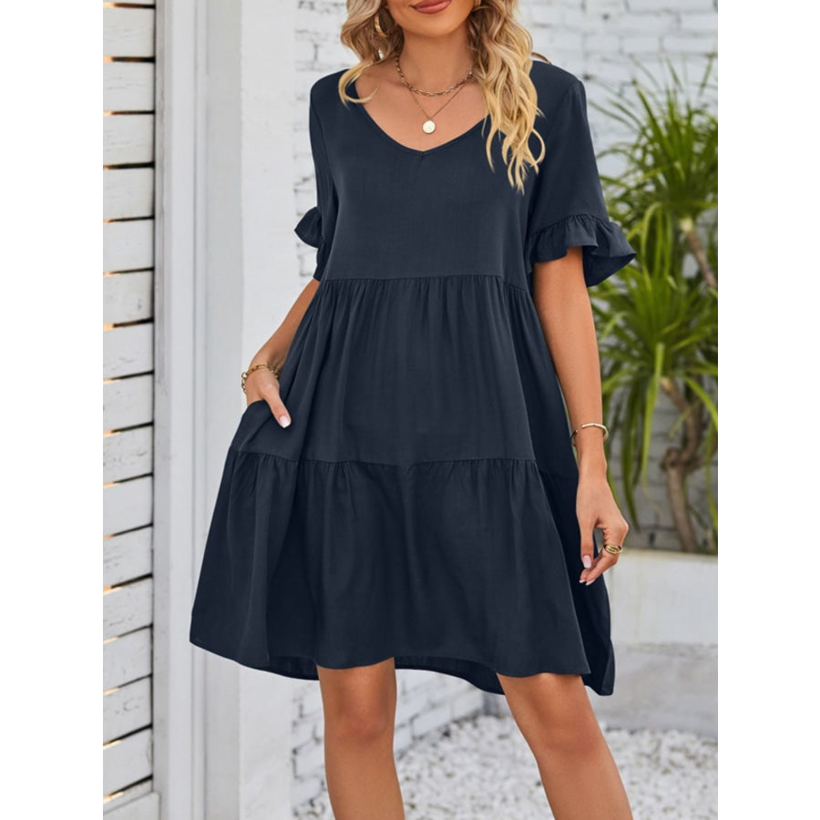 Ruffled Sleeve Tiered Mini Dress Navy / S Apparel and Accessories