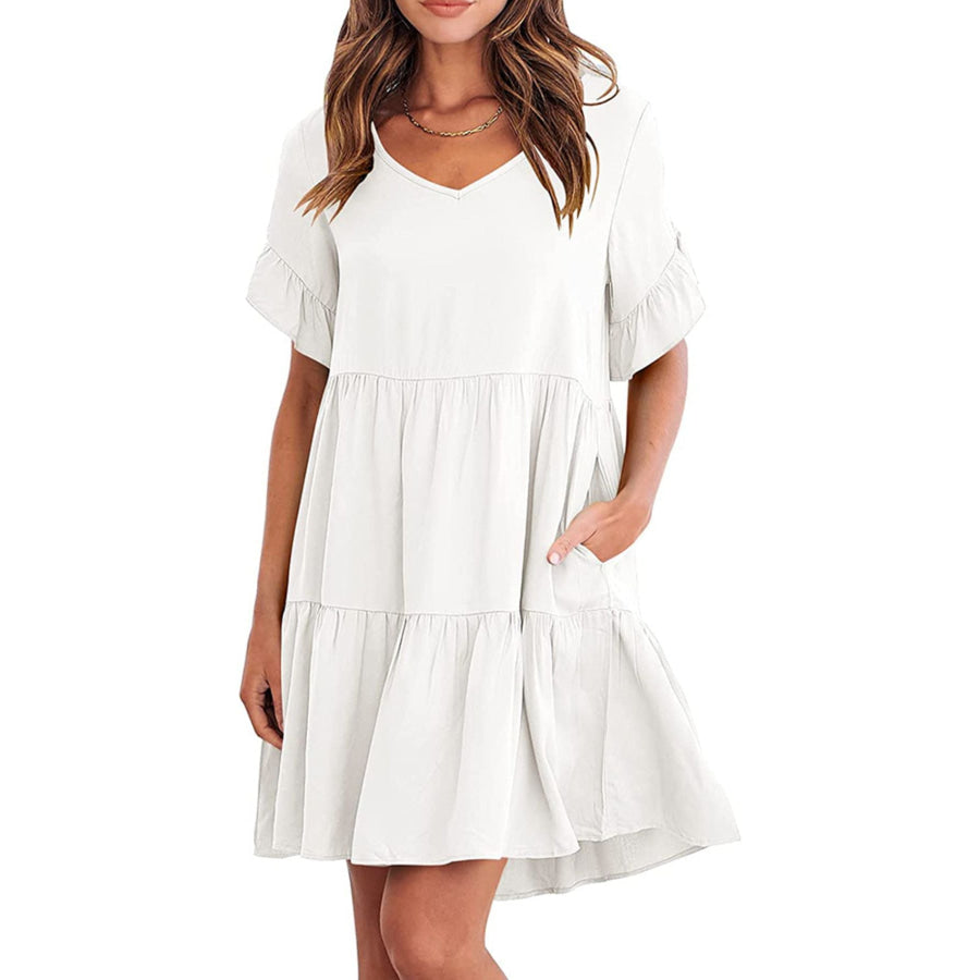 Ruffled Sleeve Tiered Mini Dress White / S Apparel and Accessories